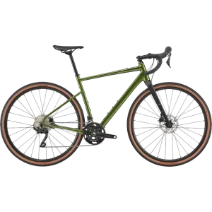 Green Cannondale Topstone gravel bike with drop handlebars and disc brakes