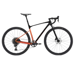 Black and orange Giant Revolt gravel bike with drop handlebars and disc brakes