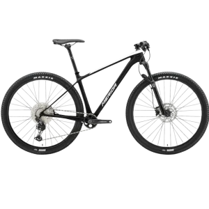 Black Merida bicycle with flat handlebars, front suspension and disc brakes