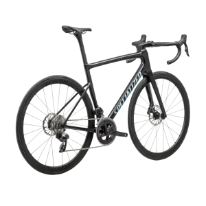 Black Specialized Tarmac road bike with drop handlebars and disc brakes